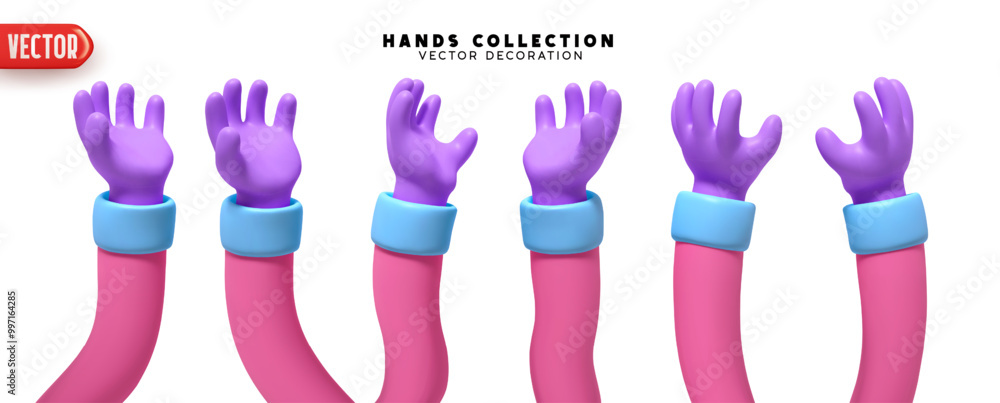 Poster set of hands 3d realistic design. collection of 3d cartoon style hands in different gestures. vector