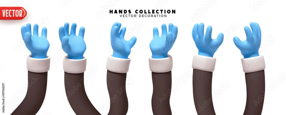 Poster set of hands 3d realistic design. collection of 3d cartoon style hands in different gestures. vector