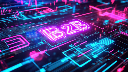 futuristic b2b neon sign on digital circuit background in pink and blue