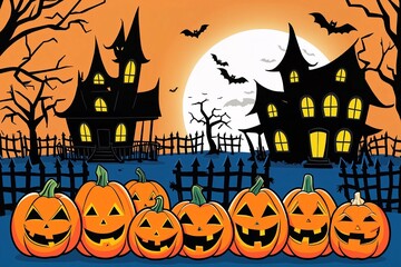 Spooky Halloween scene with carved pumpkins, haunted houses, full moon, and flying bats.