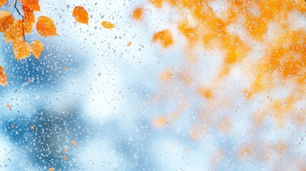 Close-up of bright orange autumn leaves in the rain, with soft bokeh lights in the background, creating a peaceful fall scene.