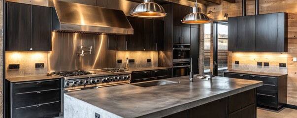 A gourmet industrial kitchen featuring ebony cabinets, a stainless steel backsplash, and an island with concrete countertops under steel light fixtures