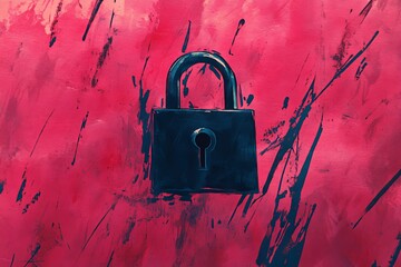 Navy blue lock icon painted on a scratched red background symbolizing privacy protection secure data and cybersecurity in a gritty artistic design