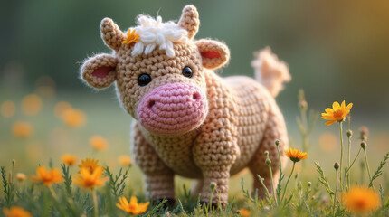 Obraz premium Handmade Crochet Cow Plush Amigurumi Toy – Adorable Crocheted Farm Animal for Farmhouse Decor, Cute Gifts, and DIY Projects