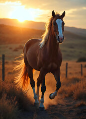 a purebred brown horse equine running outdoors at sunset, vertical