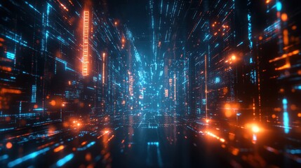 Fototapeta premium Digital data stream with glowing binary code in blue and orange colors, creating a sense of fast-paced technology. Concept: Data transmission and coding.