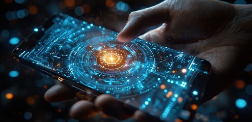 Close-up of a hand holding a smartphone with a futuristic interface.