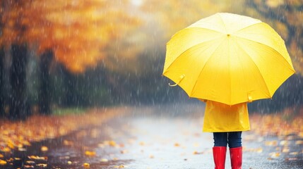 Person holding a bright yellow umbrella and wearing red boots, standing in the rain on an autumn day, surrounded by vibrant fall foliage.