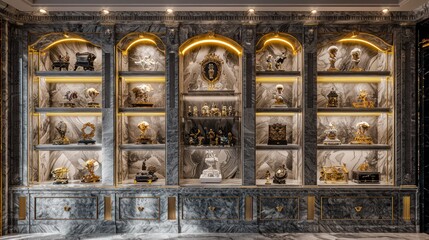 A grandiose display room for collectibles with marble shelves, velvet-lined display cases, and gold lighting to highlight each item's uniqueness