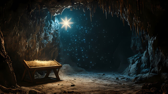 Empty wooden manger in cave with shining star of bethlehem christian nativity scene illustration. Glistening Cave. Illustration