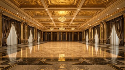 A grand ballroom with a marble dance floor, gold leaf detailing on the ceilings, and velvet-covered walls The perfect venue for glamorous social events and dances