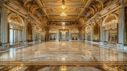 Fototapeta premium A grand ballroom with a marble dance floor, gold leaf detailing on the ceilings, and velvet-covered walls The perfect venue for glamorous social events and dances