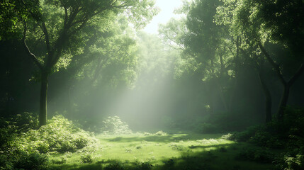 Misty morning open forest bathed in golden sunlight, trees casting long shadows, background wallpaper