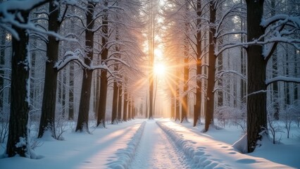 Generative AI, a snowy path in a forest with the sun shining through the trees and snow on the ground and the trees are covered in snow, winter, a photo, magical realism
