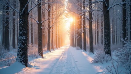 Generative AI, a snowy path in a forest with the sun shining through the trees and snow on the ground and the trees are covered in snow, winter, a photo, magical realism
