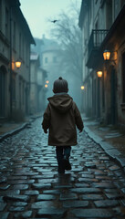 A child in a coat and beanie walks down a foggy, cobblestone street in an old European town, creating a mysterious atmosphere.

