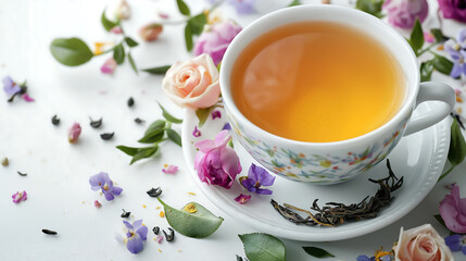 Cup of loose tea with flowers, tea wallpaper background