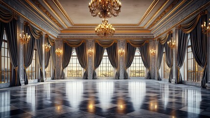 A grand ballroom with polished marble floors, ornate gold chandeliers, and plush velvet curtains framing arched windows The space is perfect for luxurious galas