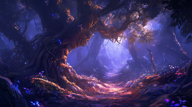 Enchanted forest battlefield, druids controlling nature, roots and vines attacking, vibrant and mystical. Druid Grove. Illustration