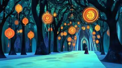 China National Day festival set in an ancient forest where the trees are adorned with glowing jade leaves and the paths are lit by lanterns that hover in abstract lowpoly vector shapes