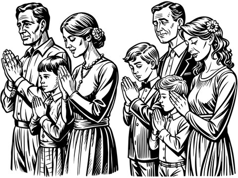 Fam&iacute;lia crist&atilde; feliz com M&atilde;os unidas de perfil orando