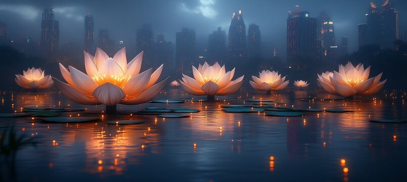 China National Day parade futuristic floating city where the floats are abstract beams of light and the streets are lined with glowing lotusshaped vectors casting reflections on the floating platforms