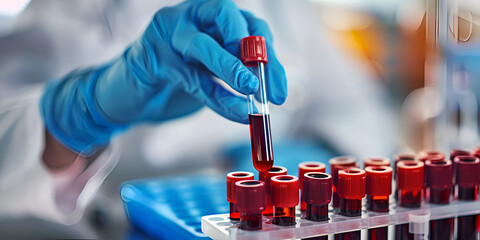 Researcher Handling Blood Vials in Medical Lab, Scientist Performing Blood Test with Vials