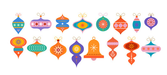 Collection of colorful Christmas decorations, balls, stars, ornaments. Symbols, elements isolated on white background
