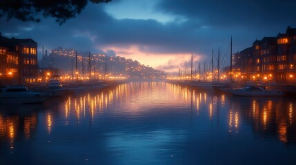 Serene Harbor at Dusk: City Lights Reflecting on Calm Waters