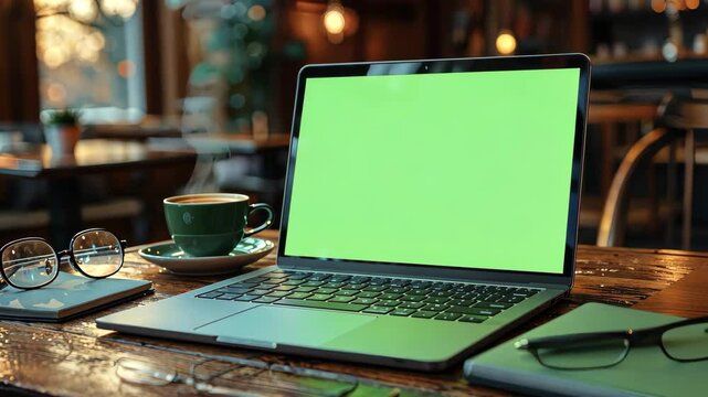 Laptop with a green screen on a cozy living room table, ready for customization or display