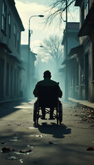 Obraz premium A person in a wheelchair moves down a foggy, deserted street, creating a mysterious and contemplative atmosphere.