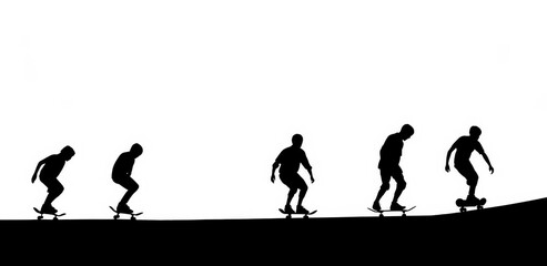 Black Silhouette of a group of teenagers skateboarding in an urban park on a white background.