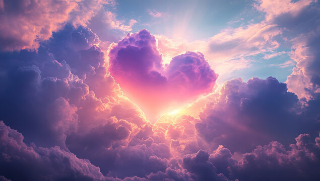 Pink heart shaped clouds at sunset. Beautiful love background with copy space. Clouds in the shape of a heart. Heart shaped clouds. Gate to love. Cloud of love. Valentines background. Fluffy heart