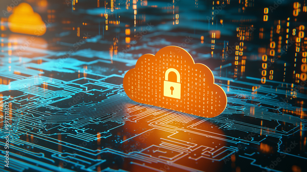 Poster abstract illustration of cloud security services, stylized cloud icon integrated with a secure padlo