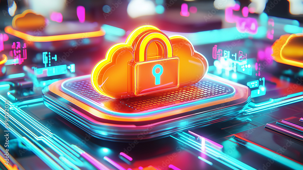 Poster abstract illustration of cloud security services, stylized cloud icon integrated with a secure padlo