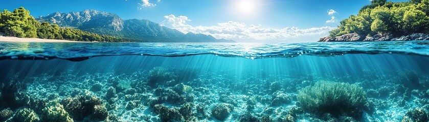 Fototapeta premium Vibrant underwater scene showcasing coral reefs and crystal-clear water under a bright sun, ideal for marine life enthusiasts.