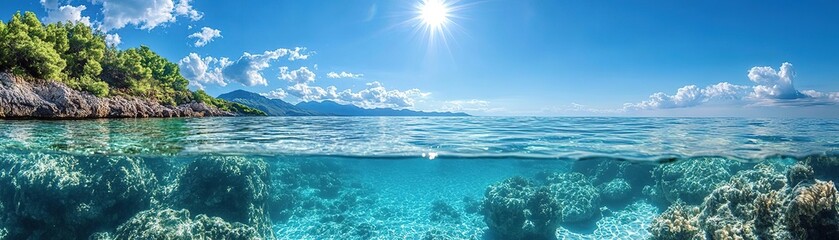 Breathtaking underwater view showcasing vibrant coral reefs and clear blue waters under a radiant sun.