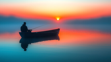 The silhouette of the fishing boat casting a long shadow on a calm sea or lake at sunset. Fishing wallpaper, background, backdrop.