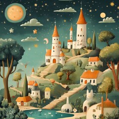 A whimsical illustration of a fairytale castle with a starry night sky and a crescent moon, surrounded by quaint houses and a small lake.