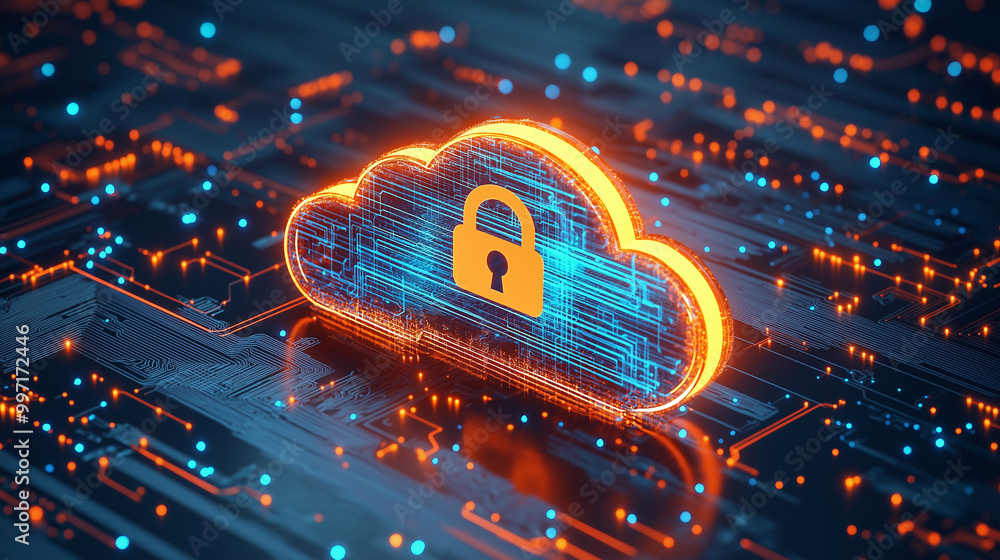Poster abstract illustration of cloud security services, stylized cloud icon integrated with a secure padlo