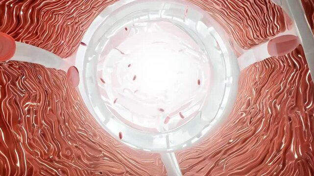 Flowing red blood cells navigate through a vein featuring a stent, illustrating the dynamics of human circulation
