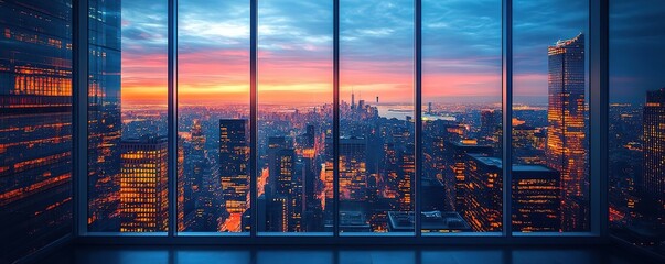 Stunning city skyline view at sunset with vibrant colors, showcasing urban beauty through large glass windows.