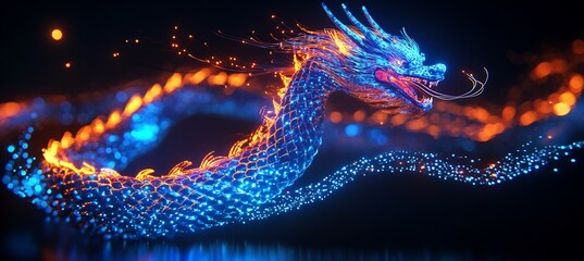 China National Day scene where the fireworks take the form of glowing dragons spiraling into the sky and leaving trails of abstract light in their wake