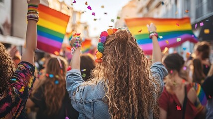 A vibrant pride parade with enthusiastic participants waving rainbow flags in celebration of love and diversity.