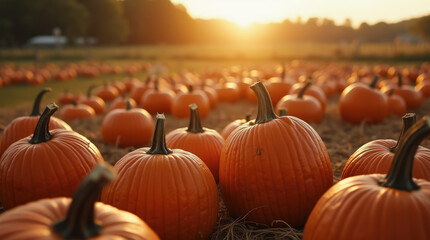 Stunning Pumpkin Patch at Sunset: Capturing Autumn Harvest Vibes, Perfect for Fall Festival, Thanksgiving, and Halloween Season Photography