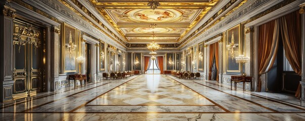 A grand hall with marble floors, gold ceiling frescoes, and velvet-lined walls Ideal for hosting large gatherings and displaying opulence in every detail
