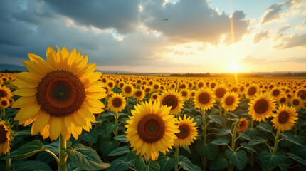 Fototapeta premium Stunning Sunset Over Vibrant Sunflower Field – Nature Photography of Summer Blooms in Rural Countryside