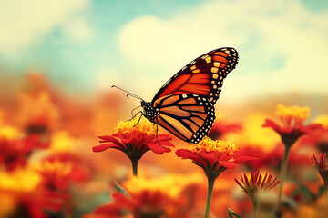 Obraz premium A monarch butterfly with orange and black wings feeds on a colorful flower in a summer garden