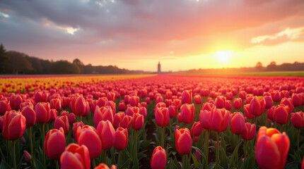 Stunning Tulip Field at Sunrise - Vibrant Red Tulips Blooming in Scenic Spring Landscape