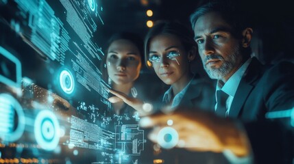 Futuristic Team Analyzing Advanced Digital Data Visualization